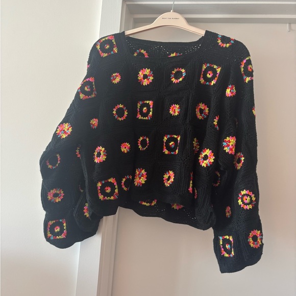 Black Hand Crochet Sweater with Colorful Floral Patterns wide sleeves